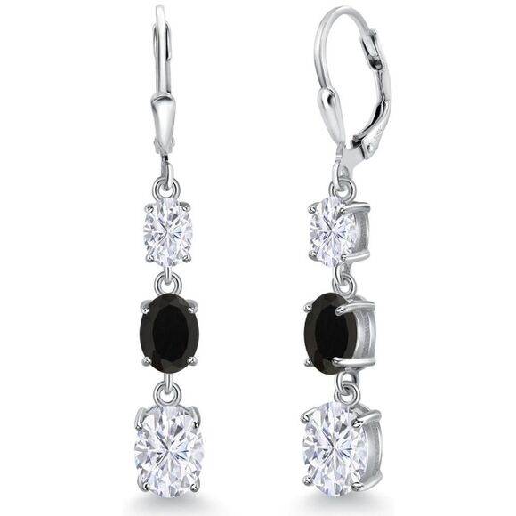 925 Sterling Silver 5.40 Cttw 3 Stone White Moissanite and Black Onyx Earrings - Picture 1 of 5